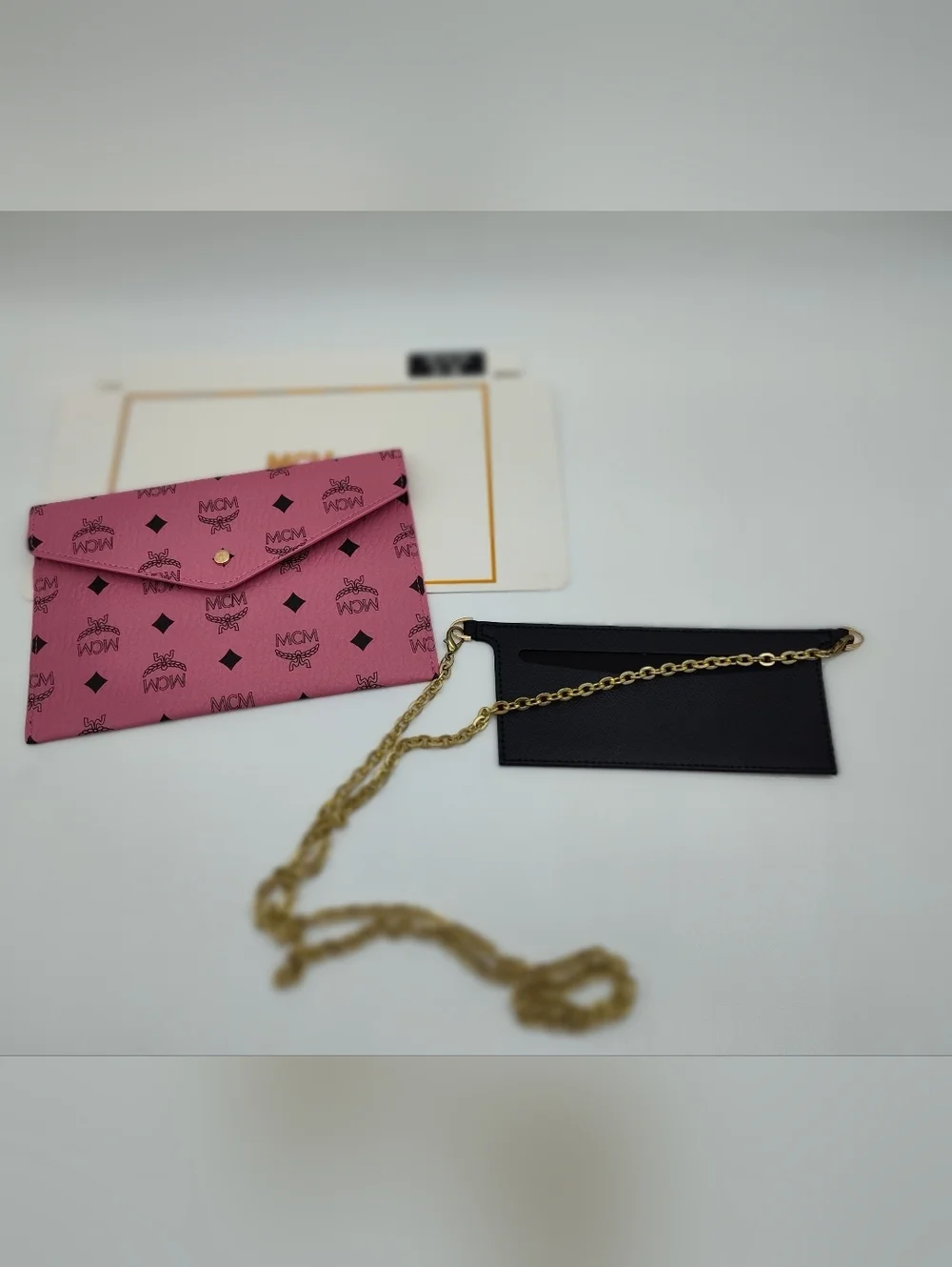 MCM Pink Visetos Envelope Chain Wallet Crossbody Clutch Beauté NIP With Insert